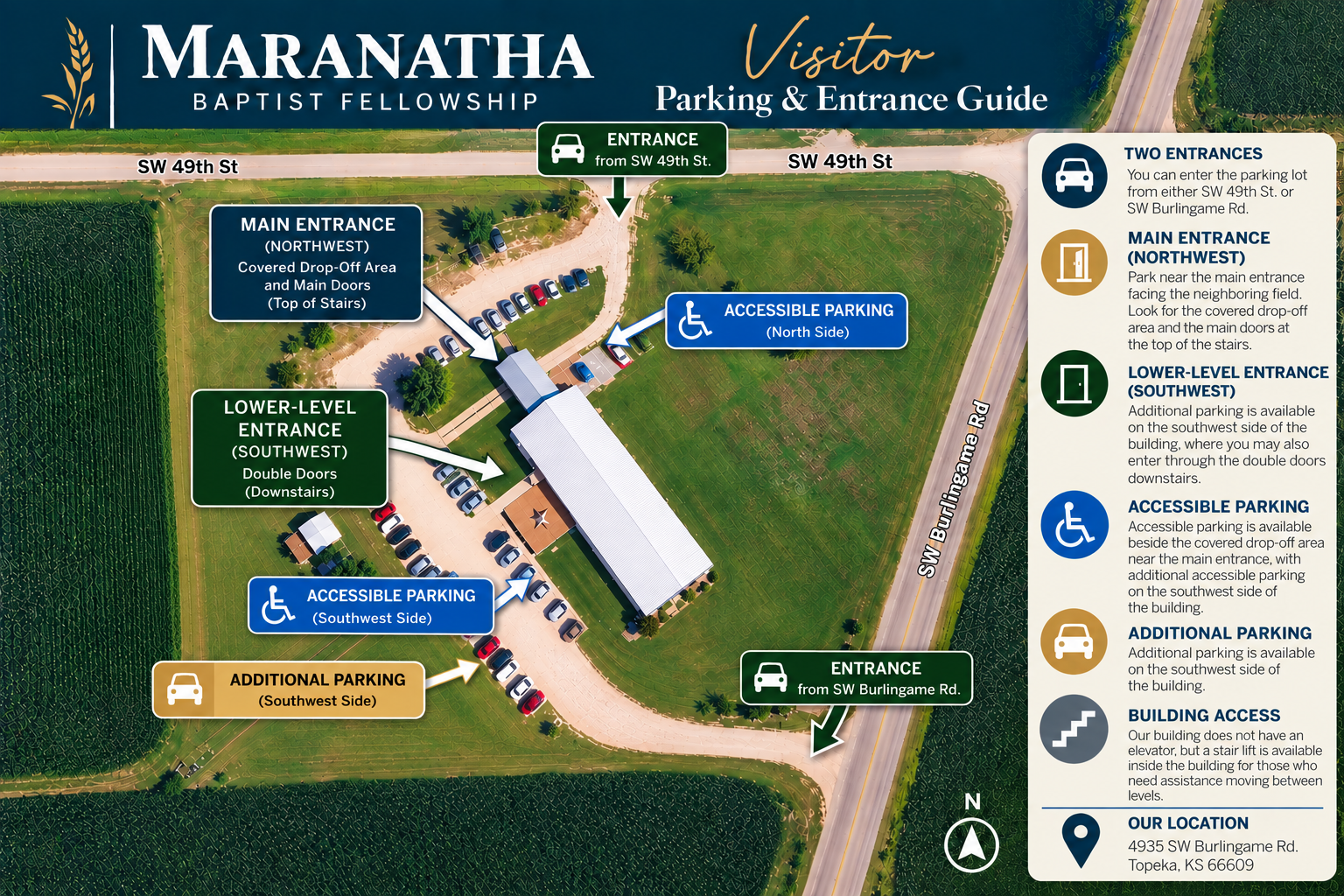 Visitor parking and entrance guide for Maranatha Baptist Fellowship showing entrances from SW 49th Street and SW Burlingame Road, the main and lower-level 	entrances, accessible parking, and additional parking.
